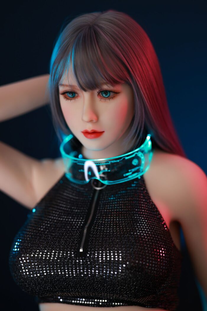 Realistic Sex Doll With Blue Eyes, Gray And Pink Hair, Wearing A Black Sequined Top And A Glowing Blue Neck Accessory.
