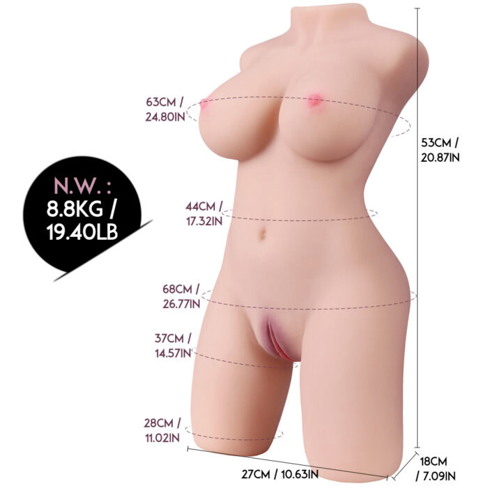 Podrobne meritve trupa Orva Flat Half Body Sex Doll, vključno z merami prsi, pasu, bokov in stegen.