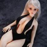 Silicone sex doll with realistic features, platinum blonde hair, and a revealing black swimsuit, perfect for companionship and intimate experiences.