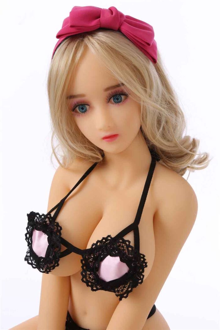 Realistic Silicone Sex Doll Girl With Lifelike Features, Blonde Hair, And Blue Eyes Wearing Black Lace Lingerie, Perfect For Adult Companionship And Intimate Pleasure, Ideal For Product Display.