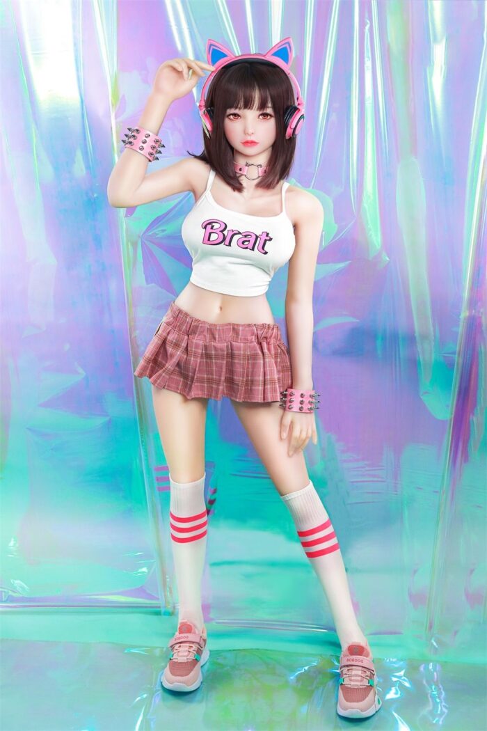 Doll With Pink Accessories And Casual Sporty Outfit, Colorful Iridescent Backdrop, Playful And Cute Aesthetic, Perfect For Lovers Of Realistic Sex Dolls And Mini Dolls, Vibrant Cosplay Style, High-Quality Skincare And Clothing Design.