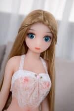 Realistic sex doll with long blonde hair, striking blue eyes, and detailed facial features, dressed in lace lingerie, to enhance intimacy and companionship. Perfect for adult lifestyle needs.
