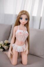 Realistic sex doll with blue eyes and long blonde hair, dressed in lace lingerie, designed for intimate companionship, high-quality soft silicone material, perfect for love doll lovers.