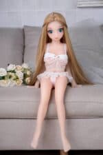 Realistic sex doll with blonde hair, blue eyes, and detailed feminine features, dressed in lingerie, sitting on a sofa with white roses, designed for intimate companionship and lifelike experience.