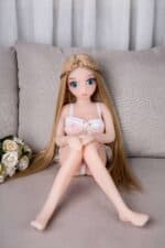 Realistic sex doll with long blonde hair, blue eyes, wearing pink lace lingerie, sitting on a sofa in a cozy room, ideal for adult pleasure, crafted for comfort and realistic experience.