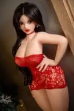 Silicone sex doll with realistic features wearing a red lace dress for intimate companionship and pleasure, decorative earrings, and a red choker, ideal for adult novelty enthusiasts.