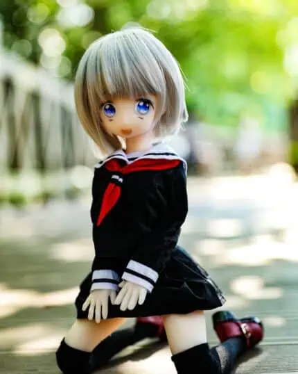 Fluffy anime-style doll with large blue eyes and gray hair wearing a Japanese school uniform sitting outdoors on a wooden deck in sunlight.
