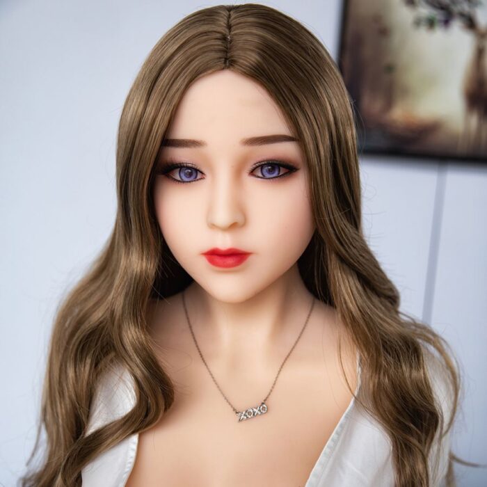 Realistic Sex Doll With Long Wavy Brown Hair, Blue Eyes, And Red Lips, Designed For Adult Companionship And Intimacy.