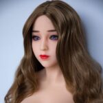 Realistic sex doll with long brown hair and blue eyes, designed for adult companionship and intimacy.